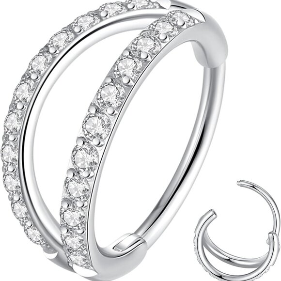 Silver Double Row CZ Hoop Nose Ring 20G 8mm Surgical Steel Jewelry for Piercing - Picture 1 of 7